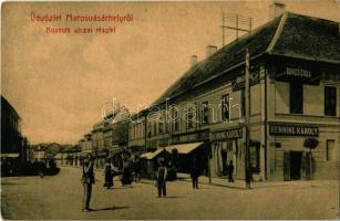 1917 Marosvásárhely, Targu Mures; Kossuth utca, Borhegyi Gyula, Henning Károly, Babos Egyed és Bartsch Károly üzlete. W.L. (?) No. 33. / street, shops + M. Kir. 61. Gyaloghadosztály Menetalakulatainak csoportparancsnoksága (EK)