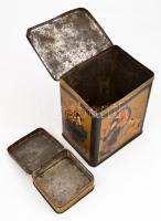 Fratelli Deisinger Teakülönlegességei, Bp., Ferenciek tere 1., illusztrált fém teásdoboz, kopott, ki...