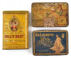 3 db fém dohányos doboz, Tanagra Ed. Laurens, Dimitrino&Co, Dills Best, változó állapotban, nagyrészt kopottak, 7x10x1,5 cm, 7x11x2 cm, 11x2 cm