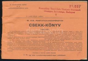 cca 1940 M. Kir. Postatakarékpénztár csekk-könyve, a Keresztény Szocialista Húspari Munkások Országos Szövetsége béylegzésével
