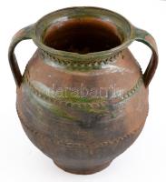 XIX. sz. vége: Lakodalmas fazék, festett, égetett cserép, sérült m: 30 cm