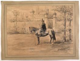 1897 Férfi lovon, akvarellel kifestett nyomtatvány, kartonra kasírozva, jelzett, 26×32 cm