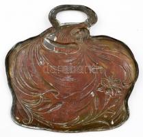 Szecessziós női alakos réz tálka, rézlemez, jelzés nélkül, kopott, 21x21 cm