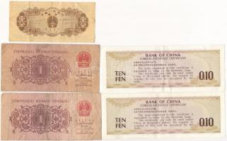 Kína 1962. 1j (2x) + 1953. 1f + 1979. 10f deviza tanúsítvány (2x) egy ragasztott T:III-IV
China 196...