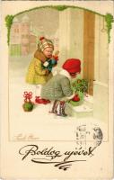 1943 Boldog Újévet! / New Year greeting Children art postcard. A.G.B. s: Pauli Ebner