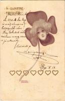 1900 A Quattre Feuilles / Four-Leaf Clover. Art Nouveau lady. litho s: Raphael Kirchner (b)