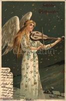 1902 Fröhliche Weichnachten / Christmas greeting art postcard, angel playing the violin. ERIKA Nr. 959. Emb. golden. litho s: Mailick (EK)