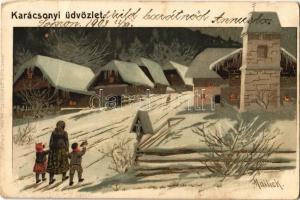 1903 Karácsonyi üdvözlet / Christmas greeting art postcard, snowy road in winter. ERIKA Nr. 764. Emb. golden. litho s: Mailick (Rb)