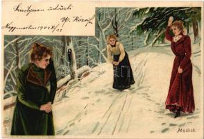 1902 Ladies in a snowball fight in winter. V.W. Nr. 4681. litho s: Mailick (cut)