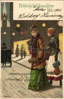 1903 Fröhliche Weihnachten / Christmas greeting art postcard, ladies shopping. ERIKA Nr. 778. litho s: Mailick (tiny pinhole)