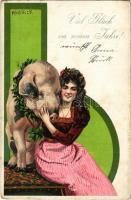 1904 Viel Glück im neuen Jahre! / New Year greeting art postcard, lady with pig. ERIKA Nr. 579. litho s: Mailick