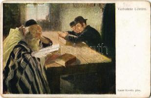 Verbotene Lektüre / Jewish art postcard, rabbi. Picture of another rabbi glued to the backside. Judaica s: Lazar Krestin (EM)