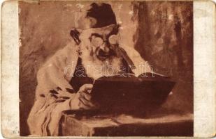 Verbotene Lektüre / Jewish art postcard, rabbi. Picture of another rabbi glued to the backside. Juda...