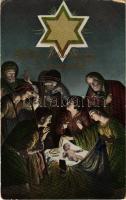 1913 Kellemes karácsonyi ünnepeket! / Jewish Christmas greeting art postcard with the Star of David and golden decoration. Judaica (crease)