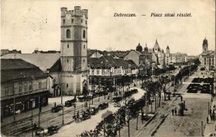 1915 Debrecen, Piac utca, templom, lovaskocsik, Mayer Jenő és Béla üzlete, kalap áruház. Ifj. Gyürky Sándor kiadása
