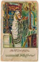 1936 Boldog Újévet! / Jewish New Year greeting art postcard with Hebrew text and rabbi. Judaica, litho (b)