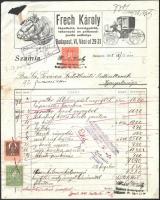 1928 Bp. VI., Frech Károly lópatkoló, kocsigyártó díszes fejléces számlája okmánybélyegekkel