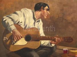 Jánossy jelzéssel: Gitározó férfi. Olaj, vászon, erősen sérült (vászon több helyen lyukas). 50x70 cm