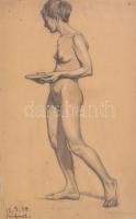 Einfrost, R. jelzéssel (?): Álló akt tállal, 1918. Ceruza, papír, foltos. Üvegezett fa keretben, 47,5*30,5 cm