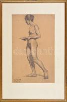 Einfrost, R. jelzéssel (?): Álló akt tállal, 1918. Ceruza, papír, foltos. Üvegezett fa keretben, 47,...