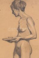 Einfrost, R. jelzéssel (?): Álló akt tállal, 1918. Ceruza, papír, foltos. Üvegezett fa keretben, 47,...