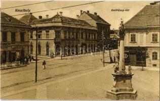 Keszthely, Andrássy tér, Szentháromság szobor, gyógyszertár, cukrászda, Laskay István üzlete, Staud Károly fogtechnikai műterme. Sujánszky József 447.