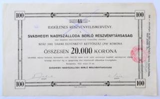 Budapest 1922. Svábhegyi Nagyszálloda Bérlő Részvénytársaság ideiglenes részvényelismervény száz darab 200K-ás részvényről, bélyegzésekkel T:III