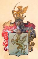cca 1920-40 A Lisznyai Szabó család Erdély fejedelme által adományozott főnemesi festett címere. Akvarell, papírra kasírozva. Lap alja enyhén foltos, rajz ép. Üvegezett, enyhén sérült régi fa keretben, hátoldalán feliratozott, 19x12 cm. Heraldikai érdekesség és ritkaság, egyedi darab!
