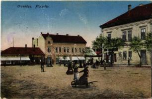 1921 Orosháza, Piac tér, Konstantin testvérek, Wigner Géza, B. Mártonné és Feuer üzlete, árusok (fl)