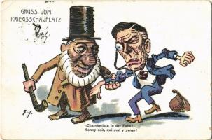 1900 Chamberlain in der Falle! / Chamberlain trapped! Anti-Semitic propaganda with an old Jewish man gripping onto Chamberlains arm. Judaica art postcard, artist signed, litho (EB)
