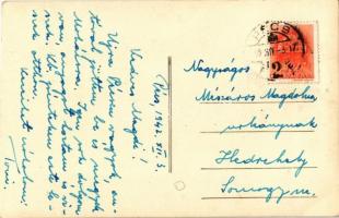 1942 Pécs, Király utca, este eső után, villamossín megállóhellyel, Magyar Általános Hitelbank. photo...