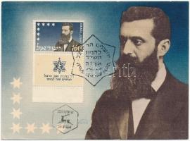 1904-1954 Herzl Tivadar, a cionizmus megalapítójának halálának 50. évfordulója alkalmából kiadott emléklap és bélyeg / 50th Anniversary of passing away of Dr. Theodor Zeev Herzl, father of modern political Zionism. Card made by Mr. R. Errell, designer of the stamp. Hebrew text, Carte Maximum (CM), So. Stpl. (EK)