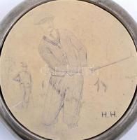 Golfozót ábrázoló, jelzett grafikával díszített brit ón snapszos flaska. Jelzett. 11 cm