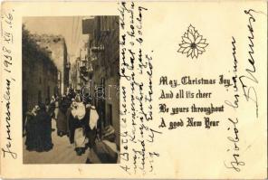 1938 Jerusalem, street view, Jewish people. Holiday greeting. Judaica, photo (fl)