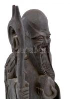 Keleti bölcs, szobor, faragott fa, kopásokkal, jelzés nélkül, alján sérült címke m: 38 cm