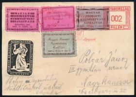 1937 Magyar Nemzeti Nyomtatvány Kiállítás alkalmi levelezőlap 5 klf levélzáróval / Postcard with 5 different label