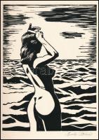 Olvashatatlan jelzéssel (.. Tamás): Fésülködő akt. Linómetszet, papír, 19x14 cm