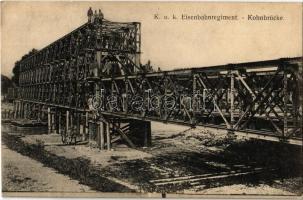 K.u.K. Eisenbahnregiment. Kohnbrücke. Verlag J. L. K. No. 80. / Austro-Hungarian railway regiment, military railway bridge construction, truss bridge with soldiers
