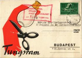 1949 Tungsram. Hungarian light bulb advertisement postcard + Boldog, erős, független Magyarországért az 5 éves tervvel