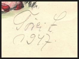 Törei L (?) 1947 jelzéssel: Kutyával játszó gyerekek. Akvarellel színezett litográfia, papír, ca. 24...