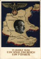 1938 März 13. Ein Volk, ein Reich, ein Führer! / Adolf Hitler, NSDAP German Nazi Party propaganda, map, swastika. 6 Ga. s: Professor Richard Klein + "1938 Ein Volk, Ein Reich, Ein Führer Wien" So. Stpl.