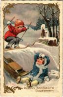Boldog karácsonyi ünnepeket! Téli sport baleset / Christmas greeting, winter sport accident, skiing and sledding children. Ballerini & Fratini 401. artist signed (fl)