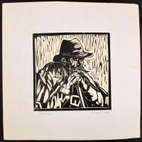 Váraljai Imre (?-): Juhász. Linómetszet, papír, paszpartuban, jelzett, törésnyommal. 19x19 cm