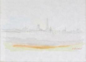 Diósy jelzéssel: Nagyvárosi sziluett. Akvarell, papír, üvegezett fa keretben, 40x50 cm
