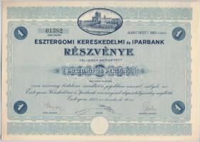 Esztergom 1932. Esztergomi Kereskedelmi és Iparbank részvénye teljesen befizetett 25P-ről, szárazpecséttel és szelvényekkel T:II
