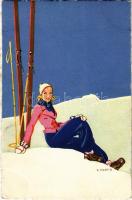 Skiing lady, winter sport art postcard. Edition Stehli No. 605. s: E. Martin