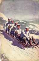 1916 Winter sport art postcard, sledding people, five-man controllable bobsleigh. Serie 556. s: O. Merté (b)