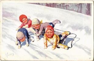 1917 Children sledding, bobsleigh, bobsled, winter sport art postcard. C. W. Faulkner & Co. No. 1138. s: K. Feiertag (EK)
