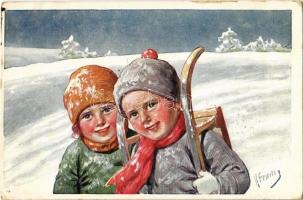 1919 Children with sled, winter sport. B.K.W.I. 613-4. s: K. Feiertag (EK)