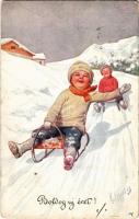1911 Boldog Újévet! / New Year greeting art postcard, Children sledding, sleigh, winter sport. B.K.W.I. 2900-2. s: K. Feiertag (fa)